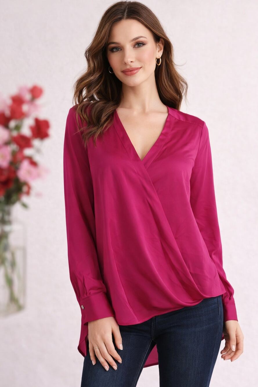 DKNY Womens Satin Faux Wrap Blouse Pink Size Small New Long Sleeve V Neck